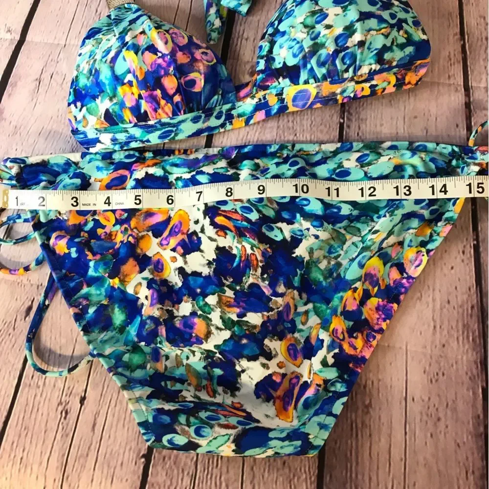 NWOT Turquoise Pink Venus Goddess Bikini Halter Top (32A) String Bottoms (12)